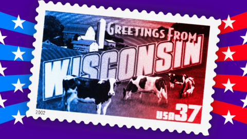 An image of a blue and red-tinted Wisconsin postage stamp over a purple background with white stars and blue and red stripes. The stamp features a farm with cows in a pasture with an inscription that reads 'Greetings from Wisconsin'