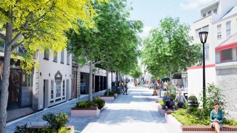 A computer generated image of Jersey's Broad Street. It features many new trees and planters. There are people, walking, sitting and relaxing among them.
