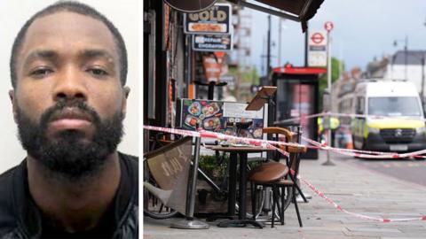A mugshot of Javon Riley, a man with cropped dark hair and a short beard and moustache, in a composite image with a scene outside a restaurant on the right, with police tape surrounding tables and chairs and a police van visible up the road 