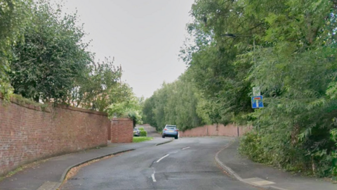 The Spinney is pictured, a long winding road with brick walls on either side.