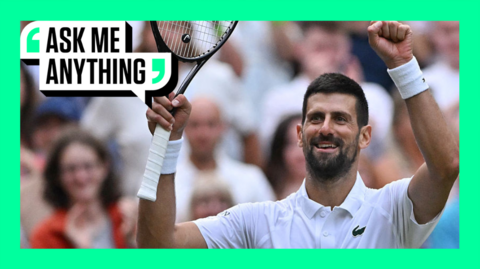 Novak Djokovic celebrates by raising his left arm and racket in the air after winning on Centre Court at Wimbledon in 2025