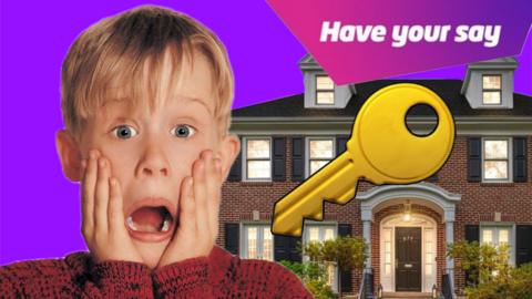 Kevin Mcallister played by Macaulay Culkin holds his face in front of the mansion used int he Home alone movies. An emoji image of a key is next to the house. 