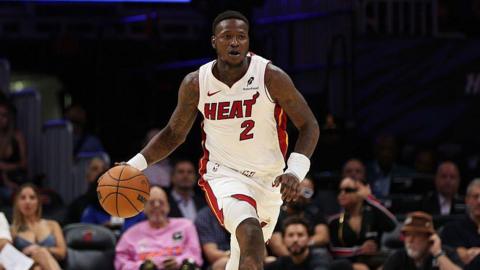 Terry Rozier #2 of the Miami Heat dribbles the ball during the second half in a preseason game against the Memphis Grizzlies at Kaseya Center on October 17, 2025 in Miami, Florida. 