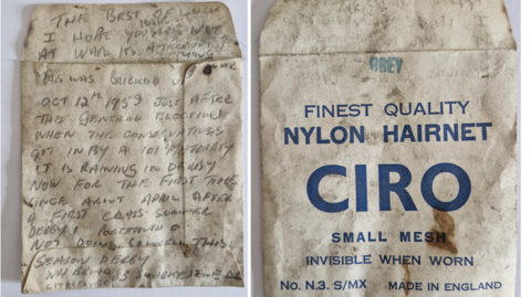 A composite photo of the front and back of the Ciro nylon hairnet packet, which is white but very worn, and the note written on the back
