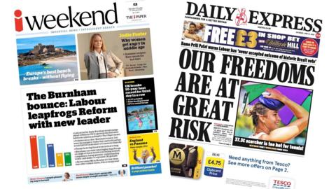 A composite image of the front pages of the i Weekend and the Daily Express on 27 June 2026