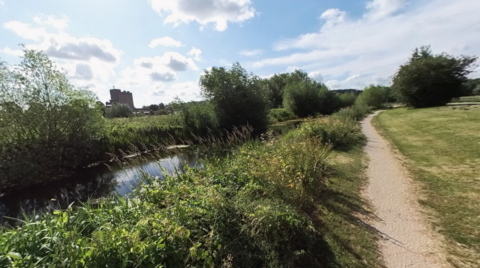 A section of waterway near Earlesfield Lane with large areas of green foliage growing along the side. There is a narrow footpath to the right of the image.
