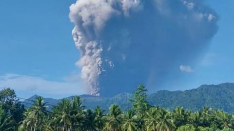 Mount Dukono spewing volcanic material up to the sk