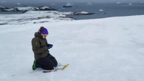 Emily taking samples on Gourlay Snowfield, a patch of snow on an island. She is wearing black trousers, a dark green coat and purple headband, kneeling in the snow with sampling equipment in front of her. In the distance there are lots of icebergs floating in the dark grey-blue ocean.