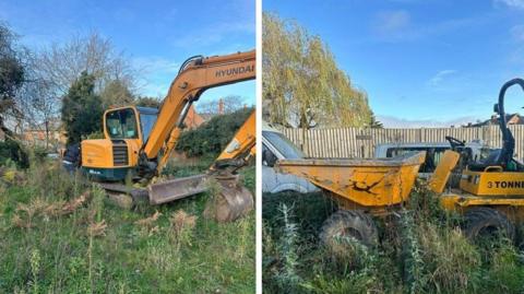 A composite of two photos, one shows a yellow digger in a plot of land surrounded by a weeds, while the other shows a yellow dumper truck which is also surrounded by weeds with a wooden fence in the background.