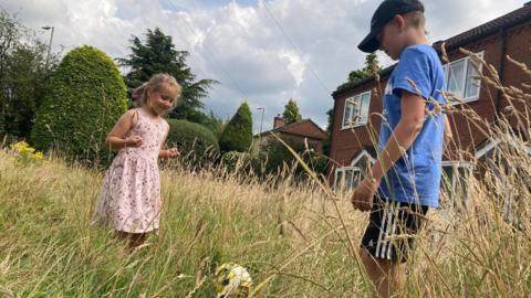 A young boy and girl with a football standing in grass and weeds a meter high. The girl is wearing a pink dress and the boy a blue t-shirt with black shorts and a cap. Houses are in the background