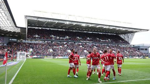 Bristol City players celebrate a goal at Ashton Gate