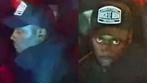 A man in a black coat and black baseball cap with a white logo on the front is pictured on CCTV. One image shows him looking to the side while a second image shows him looking directly at the camera. 