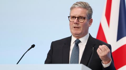 Sir Keir Starmer speaking at a news conference at the European Political Community summit