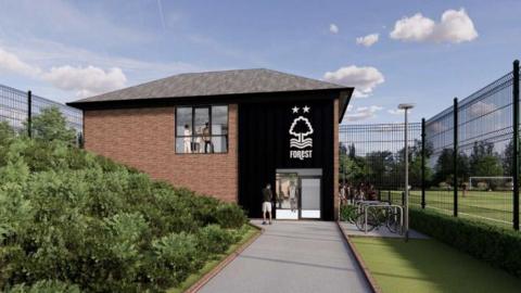 An artist's impression of a two-storey building with Nottingham Forest's tree insignia above the door