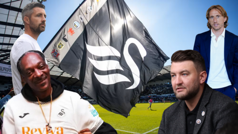 Swansea City head coach Alan Sheehan, rapper Snoop Dogg, midfielder Luka Modric and Swansea City CEO Tom Gorringe