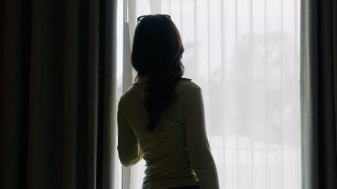 A woman looking out of a window from behind a sheer blind