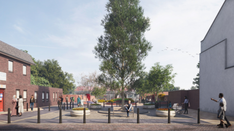 People walk along the street and in a paved area which has a bench, bollards and trees within it on this computer-generated image. Buildings are on the far left and far right and in the background behind a large tree.