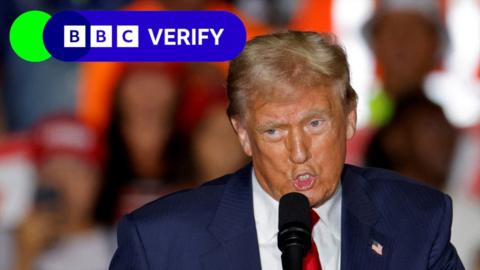 Trump giving a speech, with 91ȱ Verify branding added