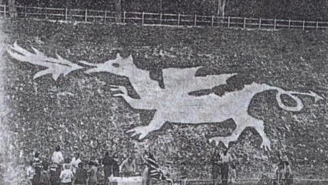 A black and white image of the chalk dragon in the embankment. People are stood at the bottom looking at it.