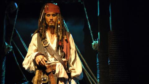 A waxwork dummy of pirate Captain Jack Sparrow as portrayed by Johnny Depp in pirates gear
