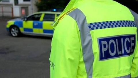 A police officer in a high-vis jacket and a car in the background.