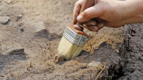 A hand holding a brush on a pit being excavated 