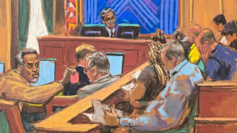 A court sketch of Sean "Diddy" Combs and the jury