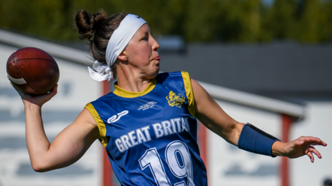 Great Britain quarterback Brittany Botterill throwing the ball during the 2024 Flag Football World Championships