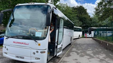 Buses waiting to pick up students at All Saints in Mansfield