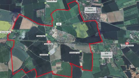 A map of the proposed development area showing the villages of Kirk Hammerton in the bottom left and Green Hammerton at the top right with a red symbol showing Hammerton Station to the right-hand side. There is a red line showing where the proposed development would be built with a red symbol showing Cattal Station in the centre.