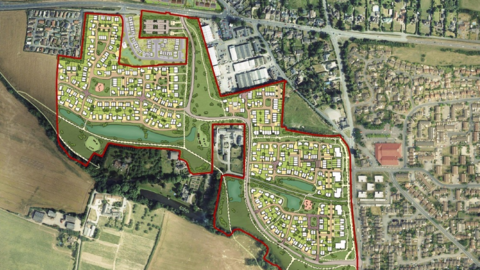 An aerial view of a map of the edge of a town, showing fields marked in red, with an artist's impression of the layout of the proposed properties.