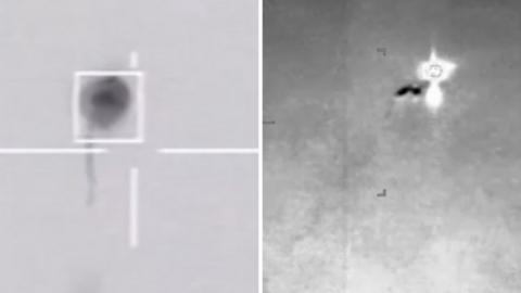 Left, a balloon shaped UAP. Right, a shining light.