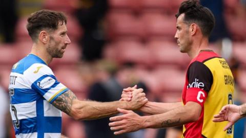 Greenock Morton's Kirk Broadfoot and Partick Thistle's Brian Graham