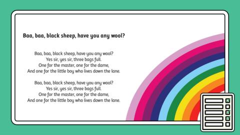 Cartoon rainbow with title and first verses from Baa baa black sheep.