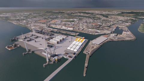 A CGI of how the Bristol Wind Terminal at Avonmouth Dock would look. It is a large industrial complex with stations stretching out into the water.