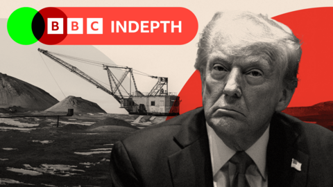 A treated image showing Trump in black and white, and a different image of mining going on in the background