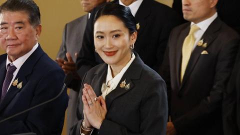 Ousted Thai prime minister Paetongtarn Shinawatra (C) attends a press conference to address her removal from office