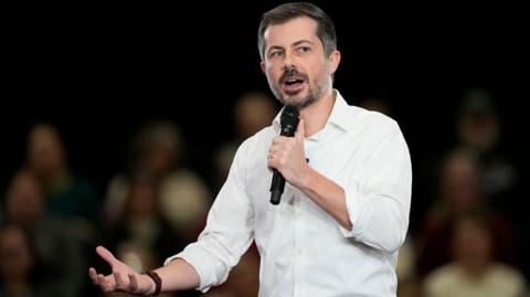 Pete Buttigieg speaks during a town hall in La Crosse, Wisconsin, on 16 January 2026 