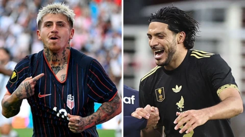 Split image of Diego Luna and Raul Jimenez celebrating after scoring in the 2025 Gold Cup semi-finals
