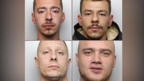Police mugshots of four men. On the top left is a man with sunken brown eyes and stubble. On the top right is a man with brown eyes, stubble and a black hooded coat. On the bottom left is man of around 40 with blue eyes. On the bottom right is a man with no hair and stubble. All four are staring directly into the camera.