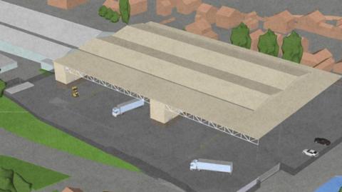 Artist's impression of the new site on Park House Road in the Low Moor area of Bradford, showing lorries driving around a large warehouse-type building.