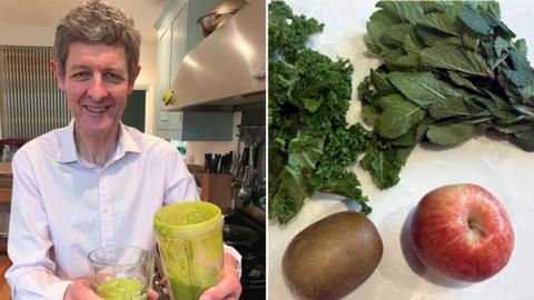Split image of BBC Health Editor Hugh Pym (left) and leafy greens, fruit and vegetables (right).