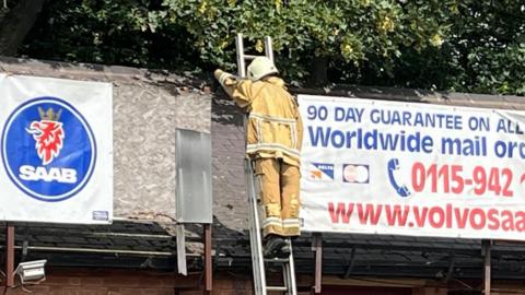 A view looking at the ladder man, taken with a zoomed in camera from the A6514 Western Boulevard.