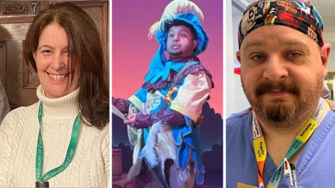A trio of images making up a composite image - with a woman with long brown hair on the left, with a green lanyard over a cream jumper; in the middle is a man with a short black beard in a pantomime costume from medieval times including a feathered hat; and on the right, a man with a short brown beard in a light blue top with a black bandana with different coloured designs on it.