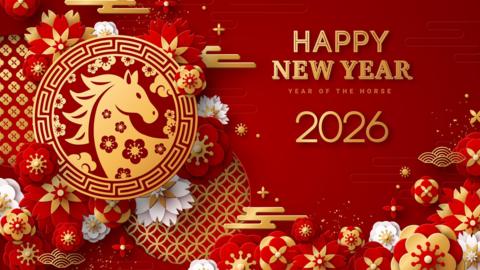 happy new year of the horse, in red and gold.