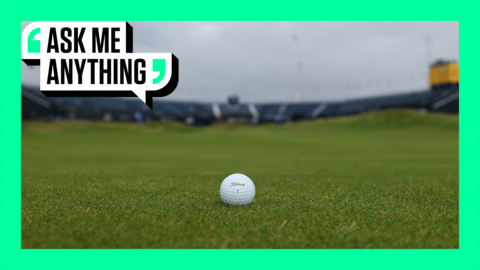 A golf ball on a fairway at Royal Portrush with an Ask Me Anything border around it