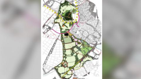An artist's impression of an aerial view over the site.