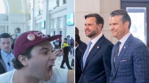 Vance is and Hegseth are walking while a man yells at them.