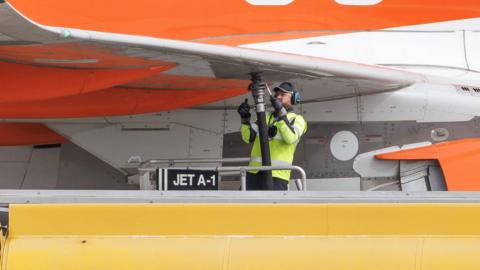 Ground crew refuelling an EasyJet plane at London Stansted 
