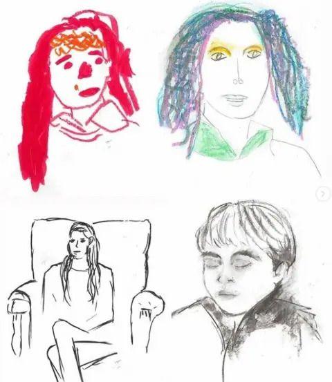 Four drawings done by Princess of Wales and her three children